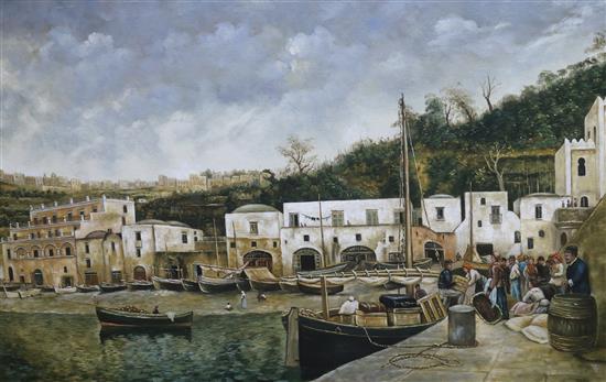 Continental School Mediterranean harbour scene 24 x 36in.